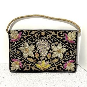 Vintage mid century black velvet evening bag top handle gold silver pink yellow